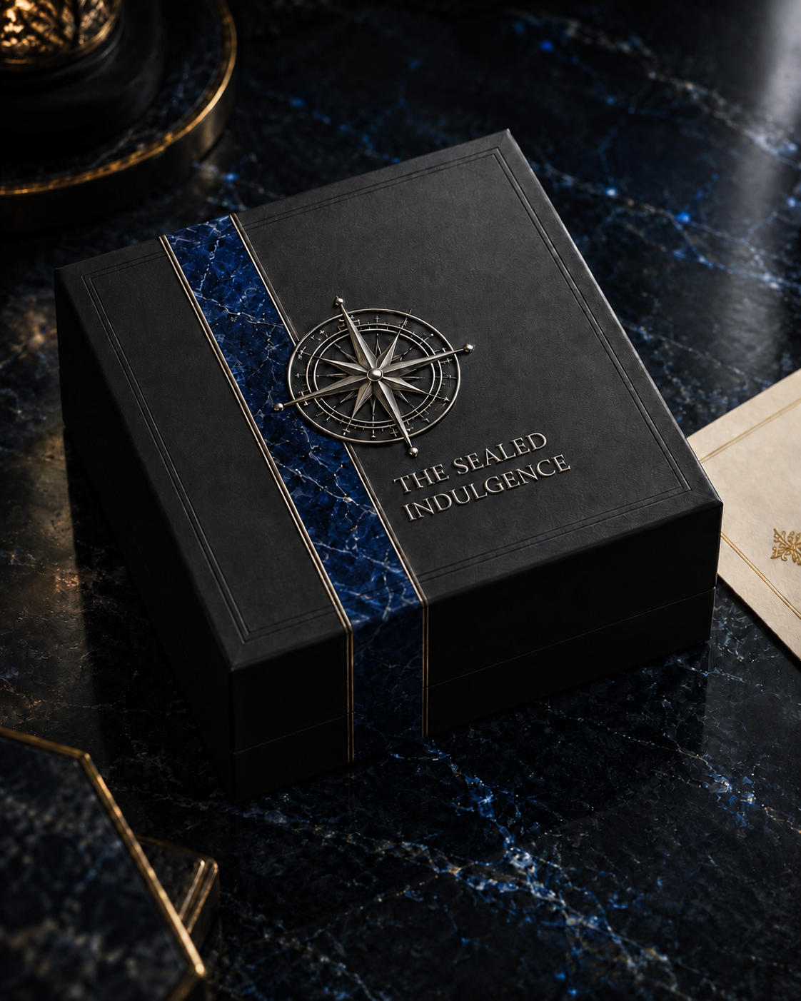 Closed matte black The Sealed Indulgence box with a sapphire marble band, silver compass and the product name on its lid